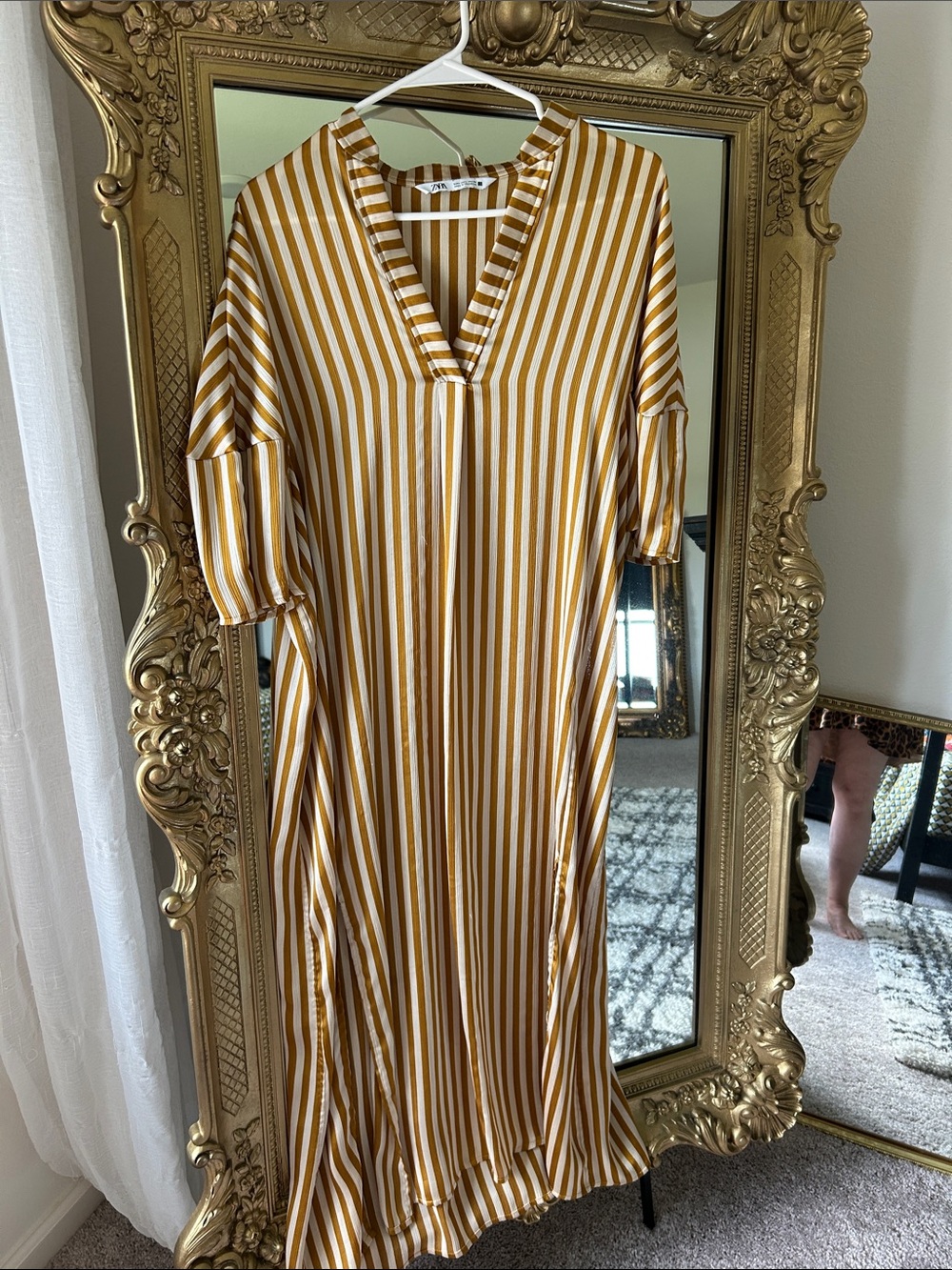 Zara Satin Brown & Cream Vertical Stripe Maxi Dress